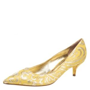 dolce & gabbana yellow brocade fabric pointed toe  pumps size 40