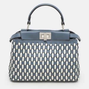 fendi blue/white woven leather mini peekaboo top handle bag