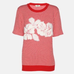 fendi red/white check knit wool cotton applique sweater m
