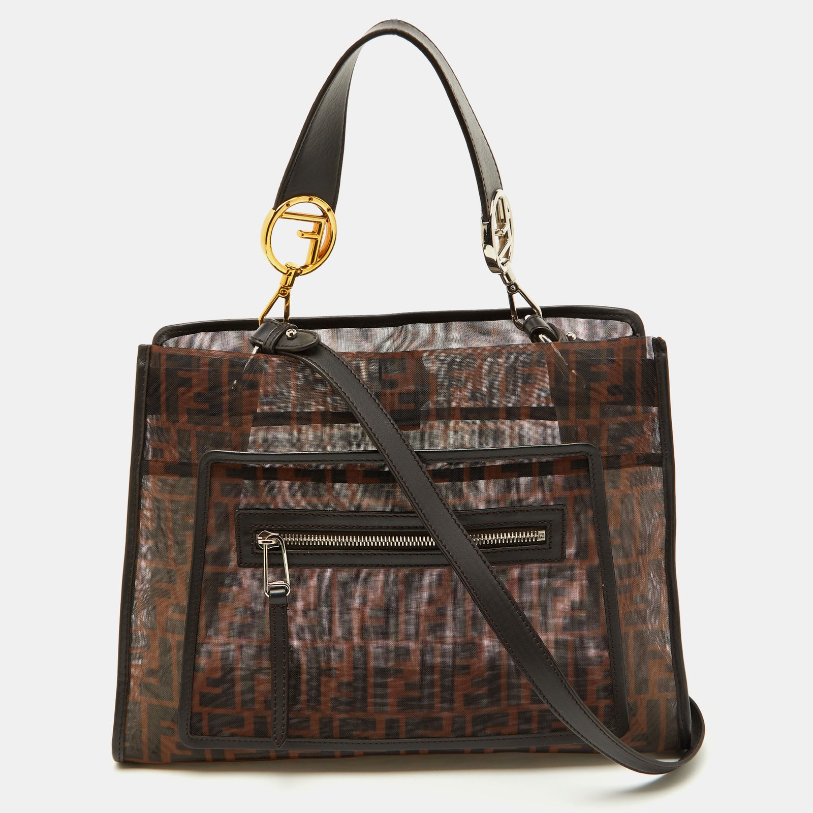 fendi zucca leather and mesh runaway top handle bag