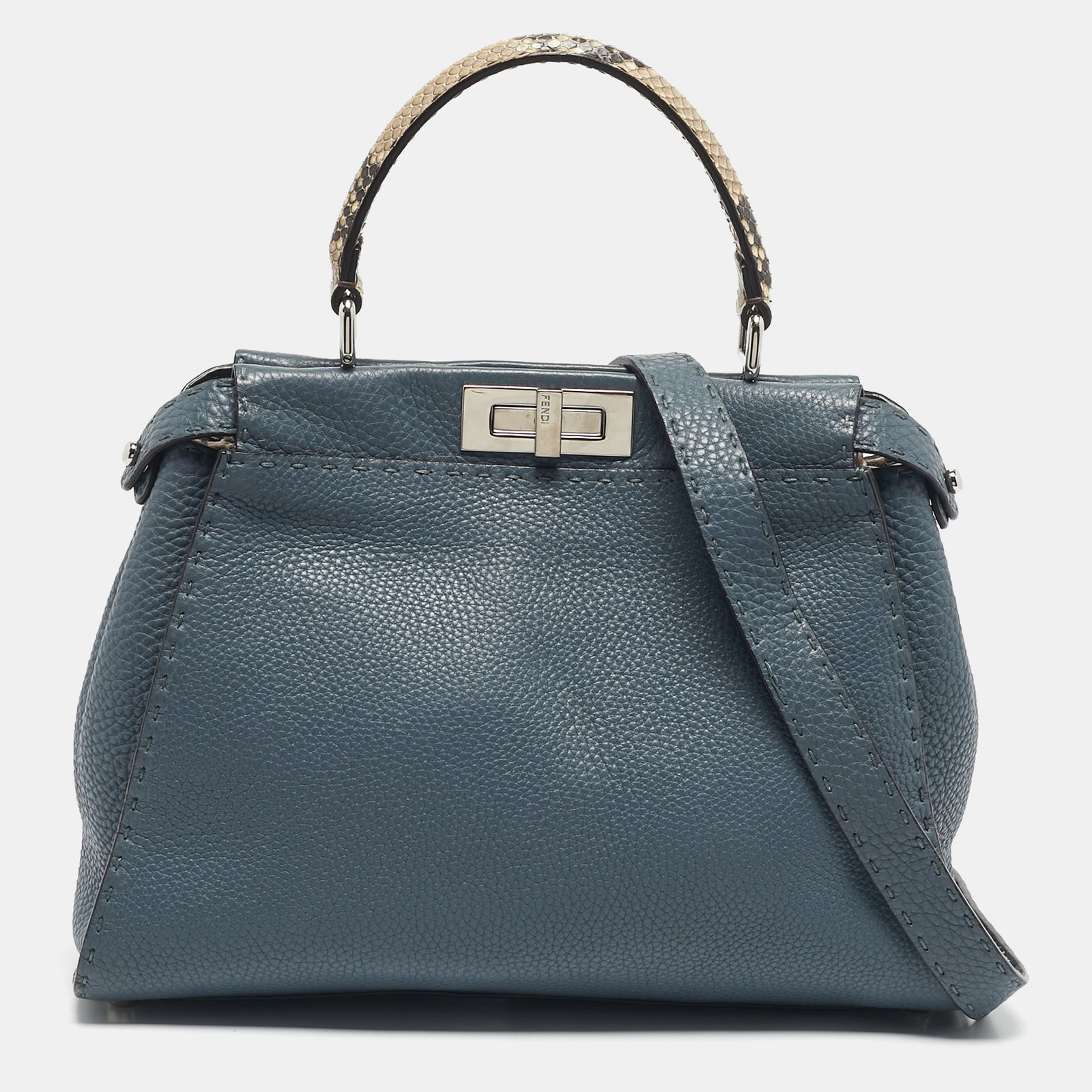 fendi blue/beige leather and python medium peekaboo top handle bag