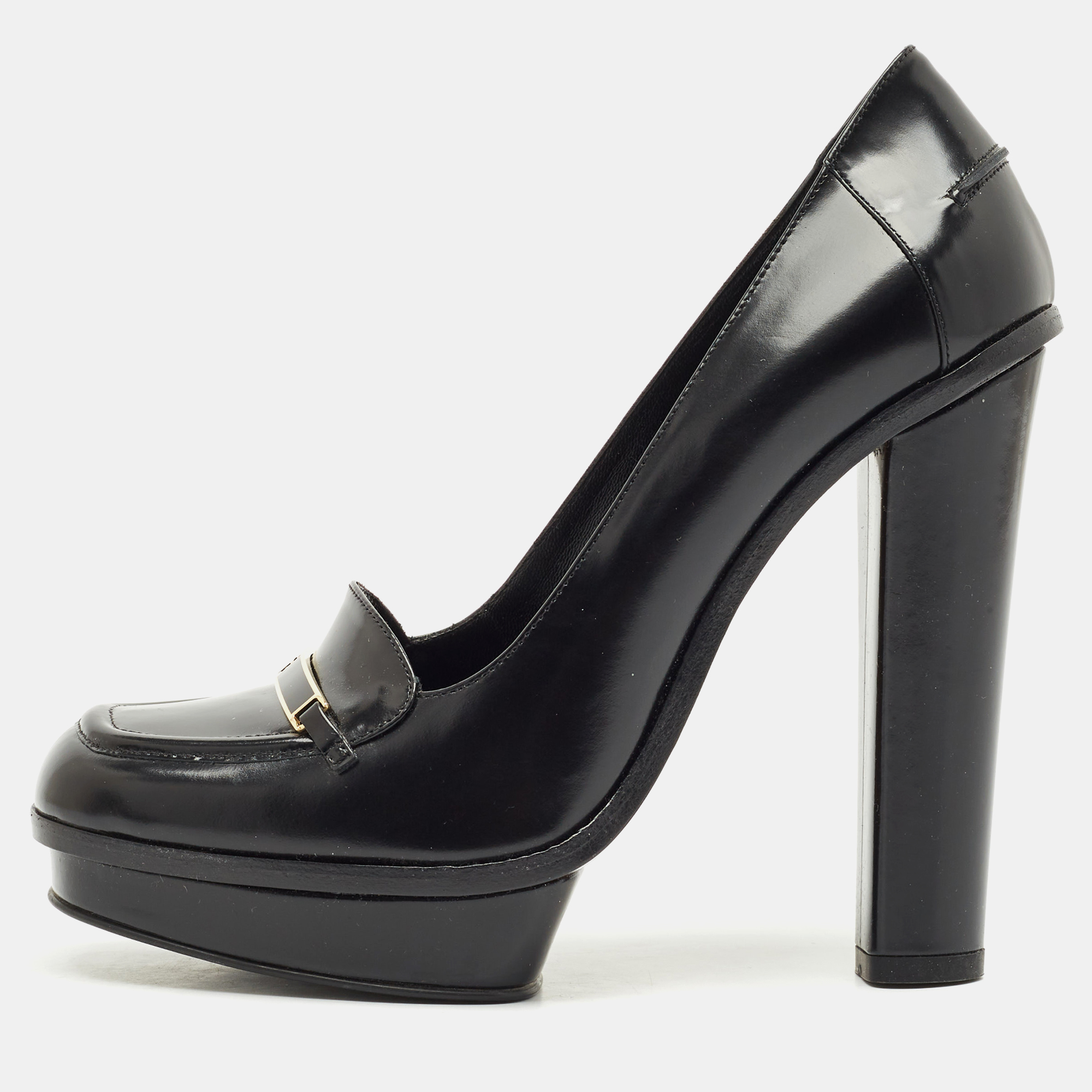 fendi black leather logo loafer platform pumps size 38