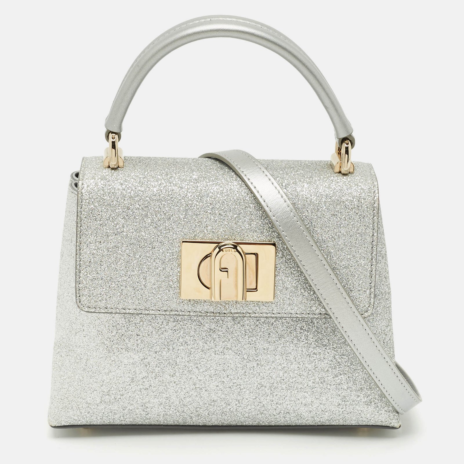 furla silver glitter and leather mini 1927 top handle bag