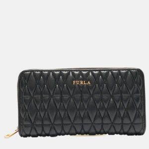 furla black quilted leather xl cometa zip around wallet