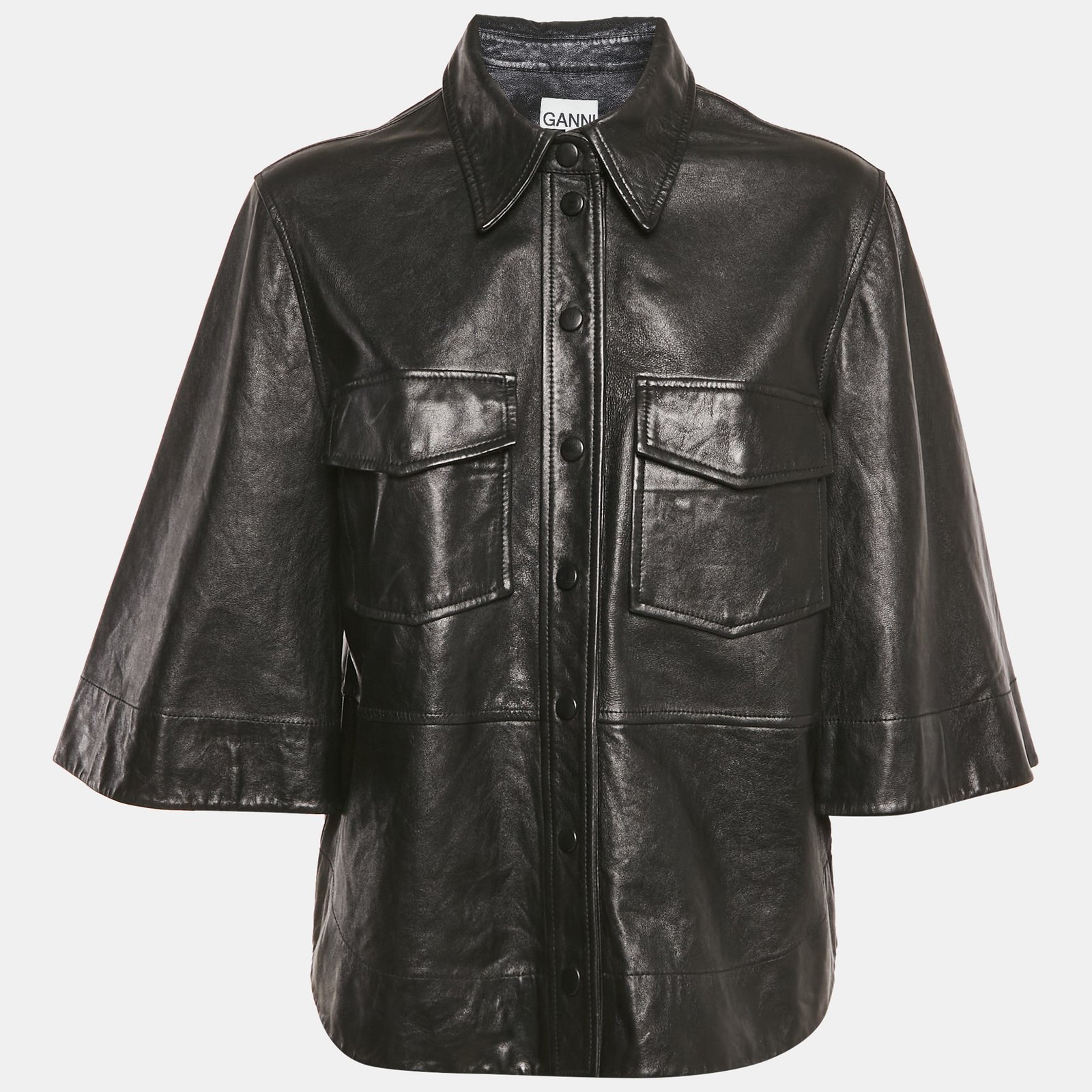 ganni black leather button front wide sleeve shirt jacket l