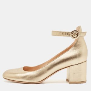 gianvito rossi gold leather ankle strap block heel pumps size 38.5