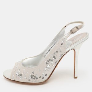 gina silver satin crystal embellished peep toe slingback pumps size 38