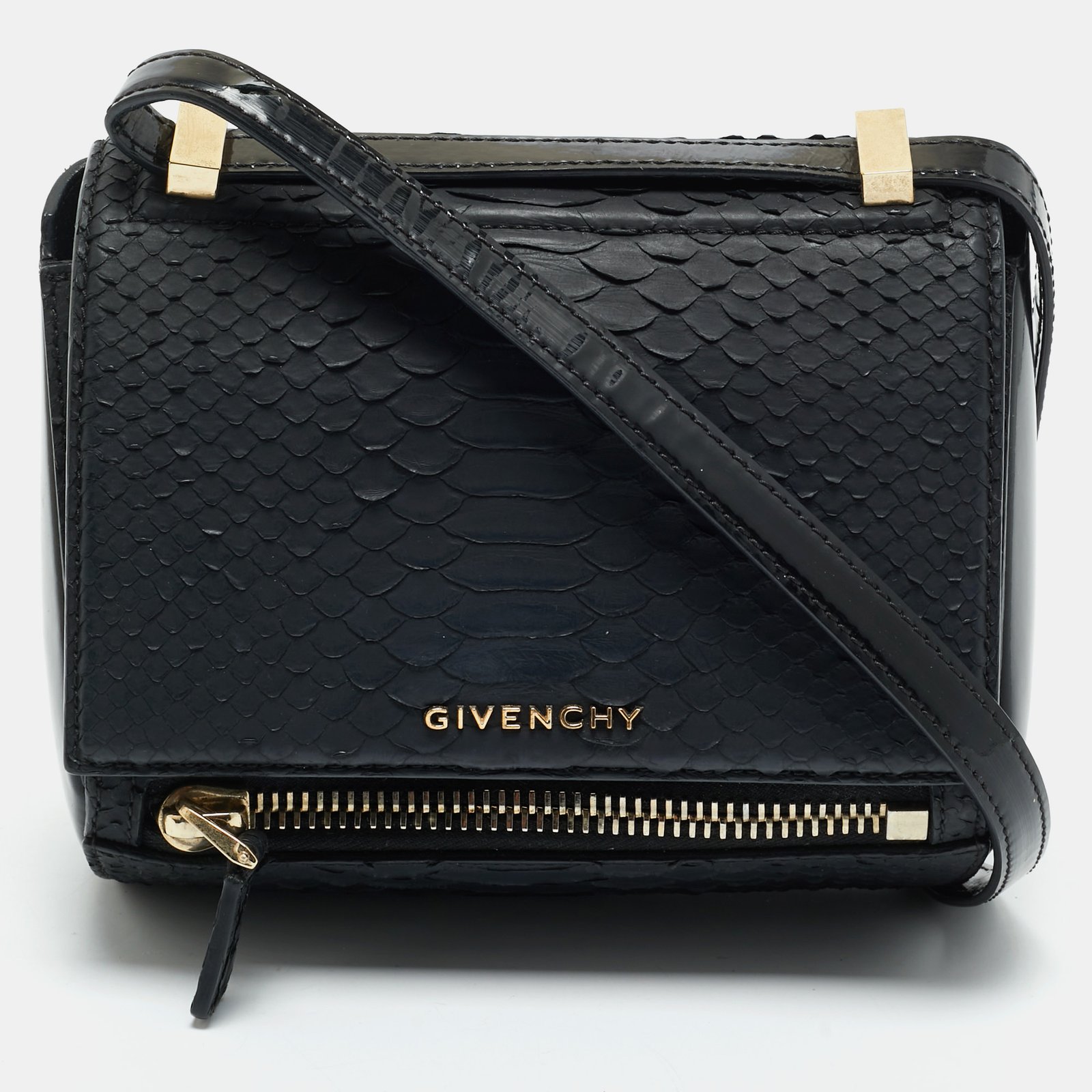 givenchy black python and patent leather mini pandora box crossbody bag