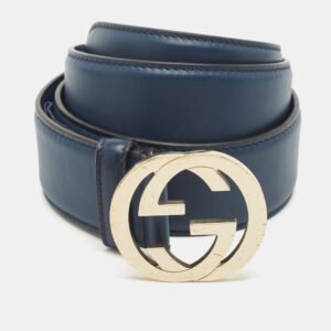 gucci navy blue leather interlocking g buckle belt 80cm