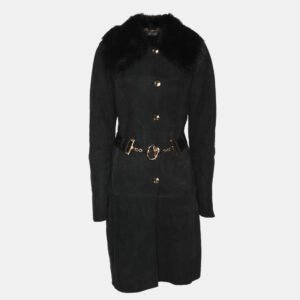 gucci black suede and fur belted mid-length coat m