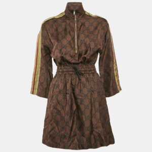 gucci brown gg supreme print silk mini dress xs