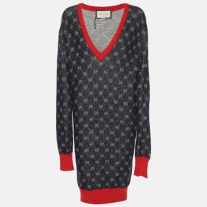 gucci bicolor logo patterned knit contrast trim sweater dress s