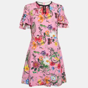 gucci pink floral print jersey flared sleeve mini dress xl