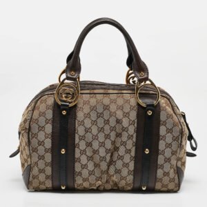 gucci beige/brown gg canvas and leather g interlocking bowler bag