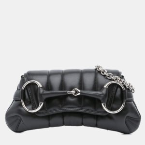 gucci black small leather horsebit chain satchel bag