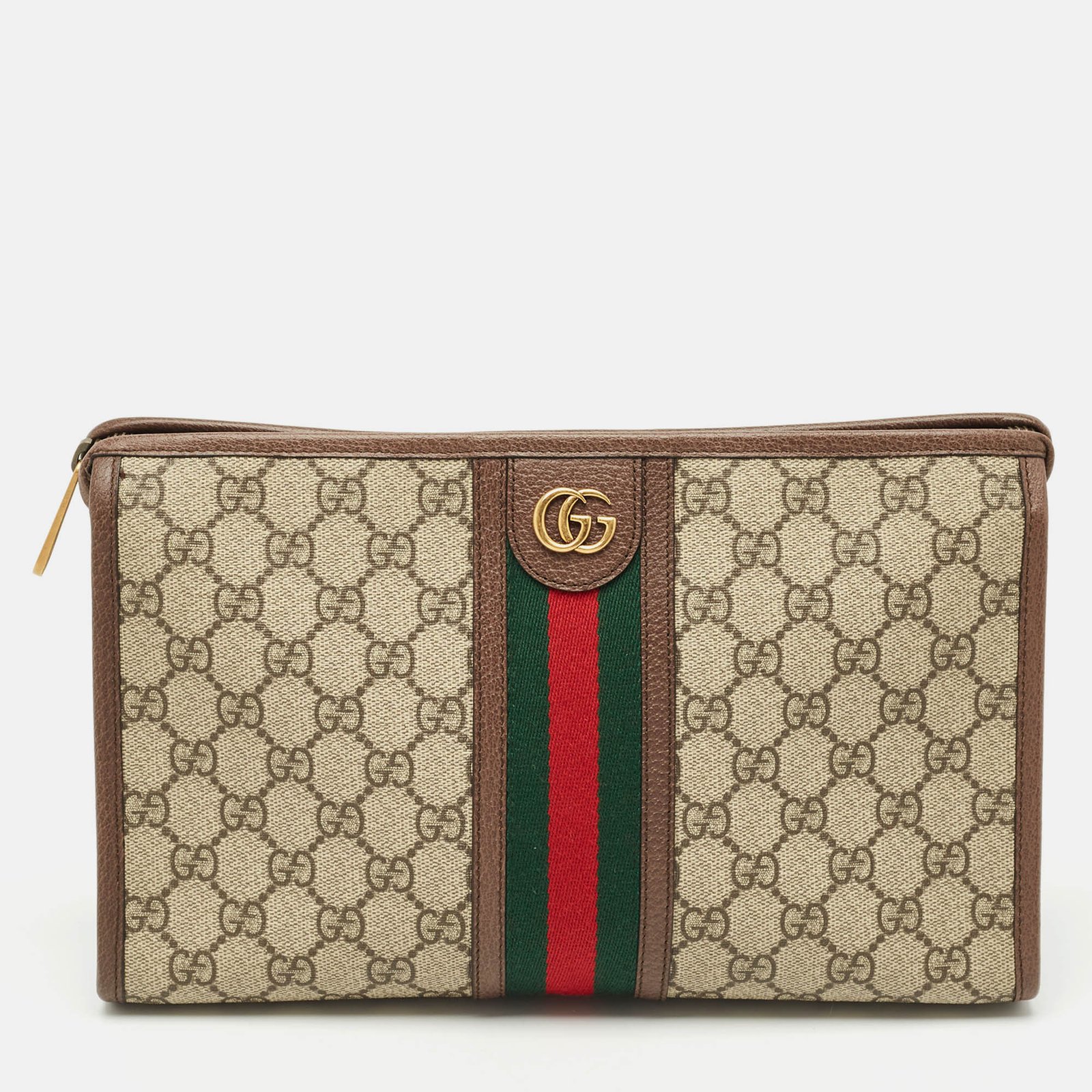 gucci beige/brown gg supreme canvas and leather medium ophidia pouch