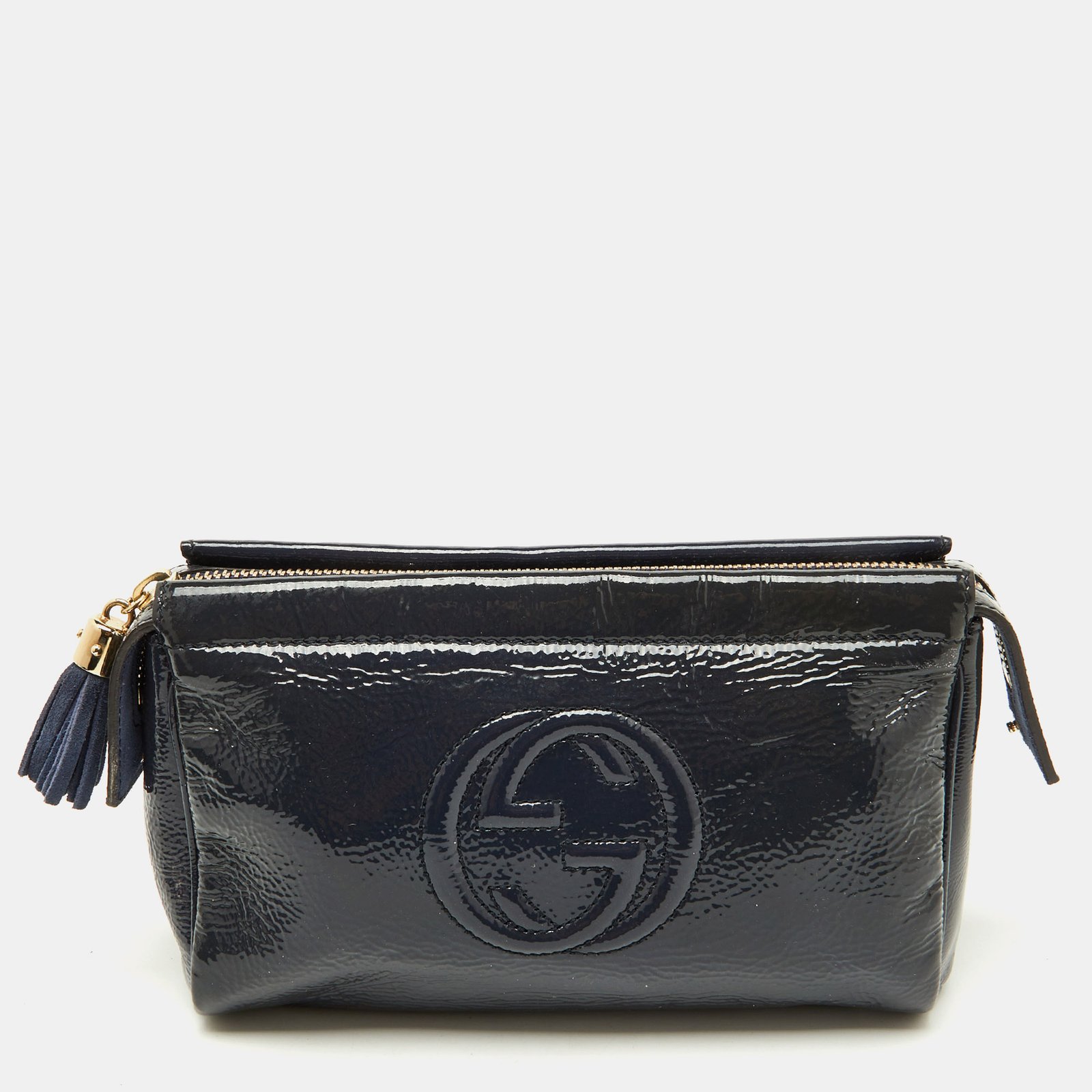 gucci navy blue patent leather soho cosmetic pouch clutch