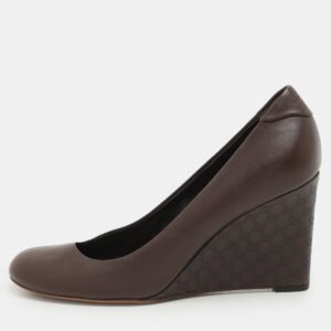 gucci brown leather wedge round toe pumps size 38.5