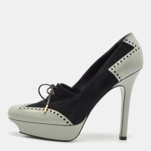 gucci black/grey suede and leather oxford lace platform pumps size 39