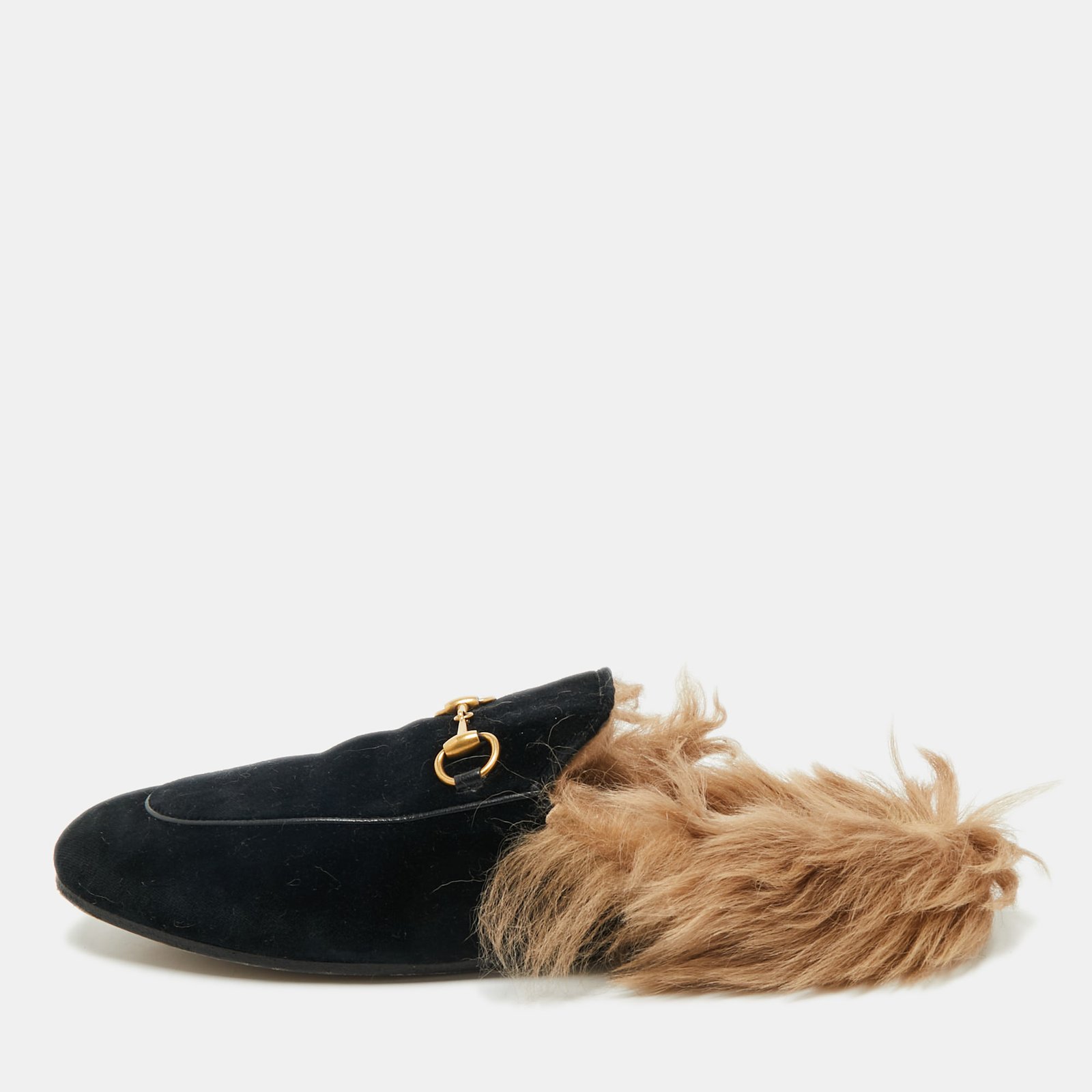 gucci black velvet and fur lined princetown flat mules size 39.5