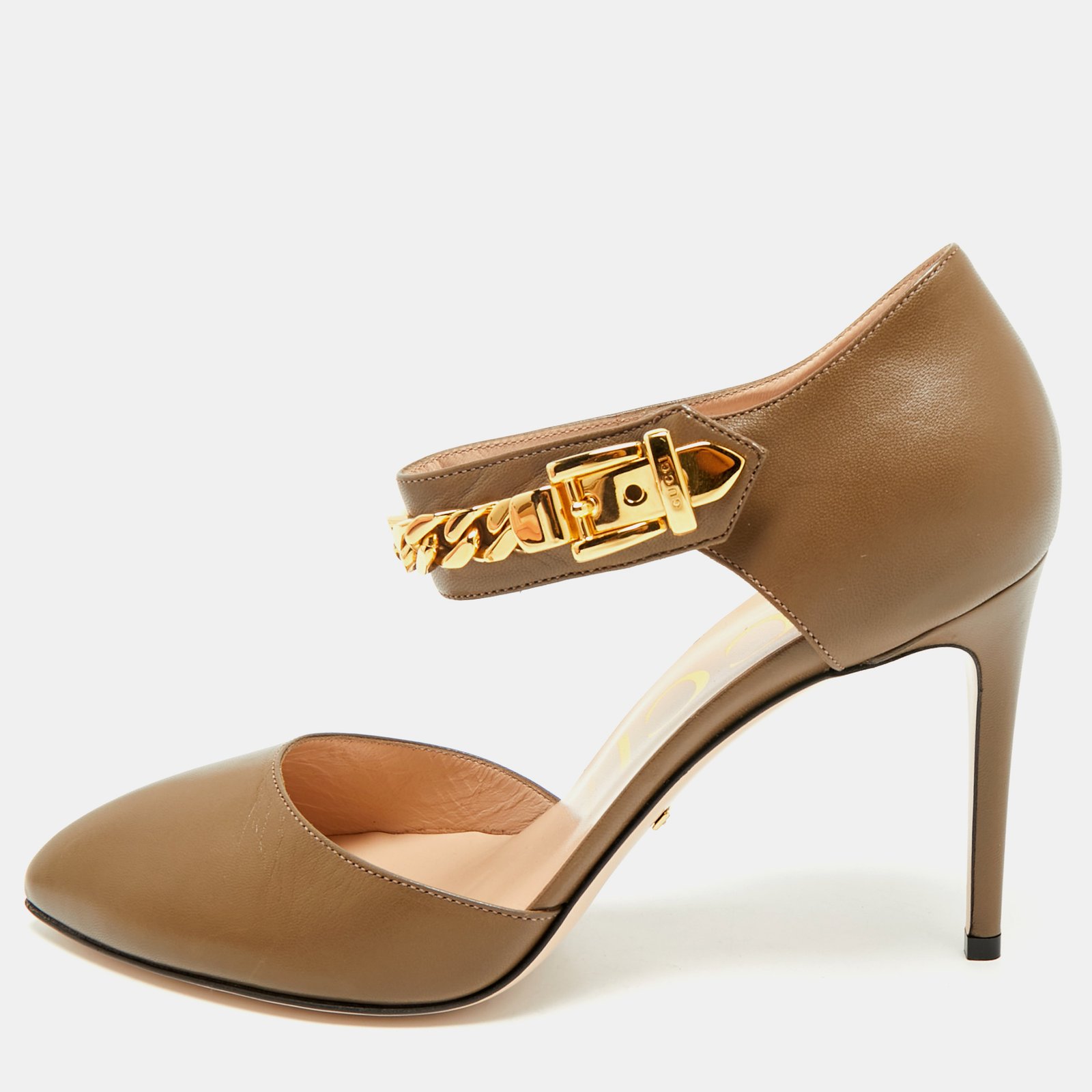 gucci olive green leather sylvie chain pumps size 40