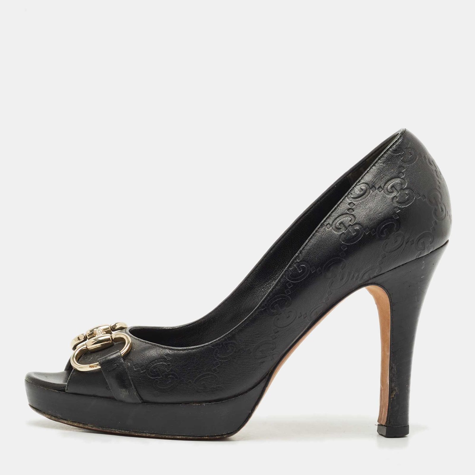 gucci black guccissima leather horsebit peep toe pumps size 37