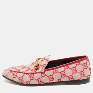 gucci red/pink gg canvas and leather jordaan horsebit loafers size 38.5