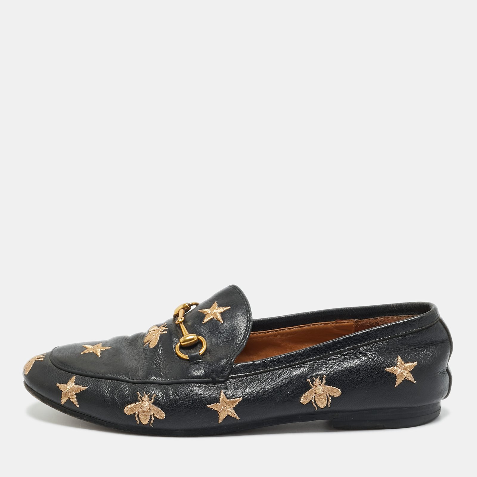 gucci black leather embroidered bee star horsebit slip on loafers size 39