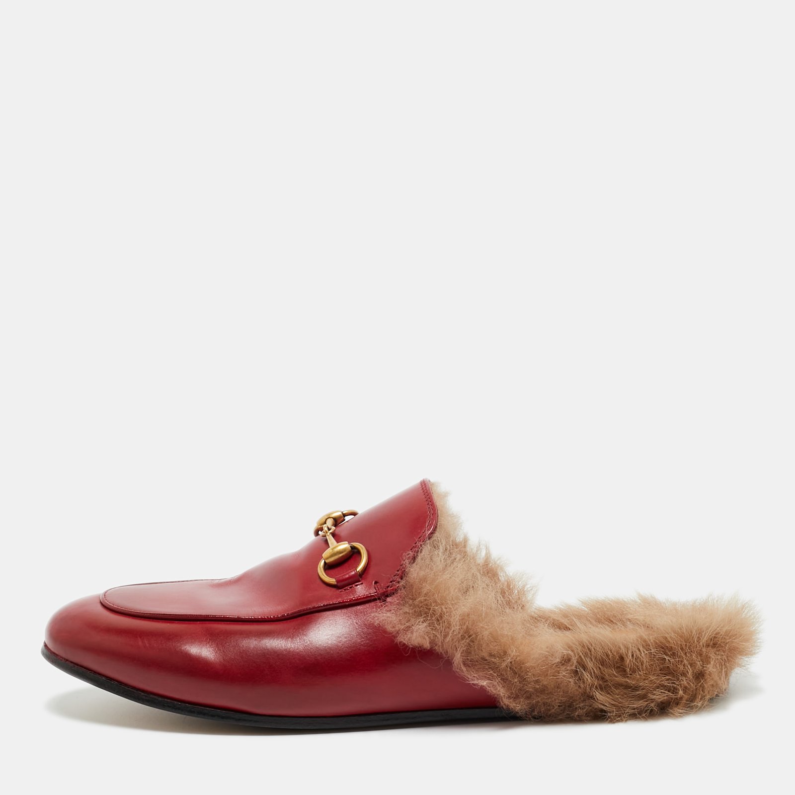 gucci red leather and fur princetown flat mules size 37.5