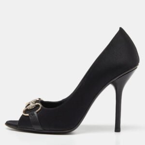 gucci black satin horsebit peep toe pumps size 38