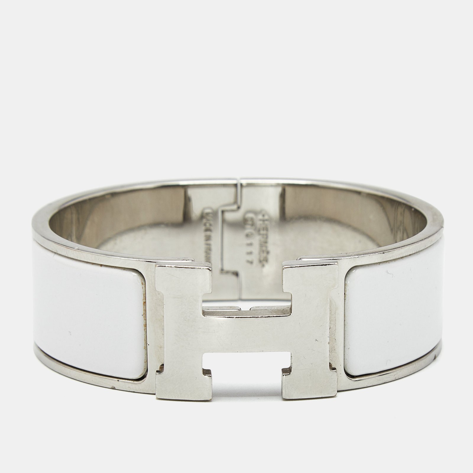 hermes clic clac h white enamel palladium plated bracelet
