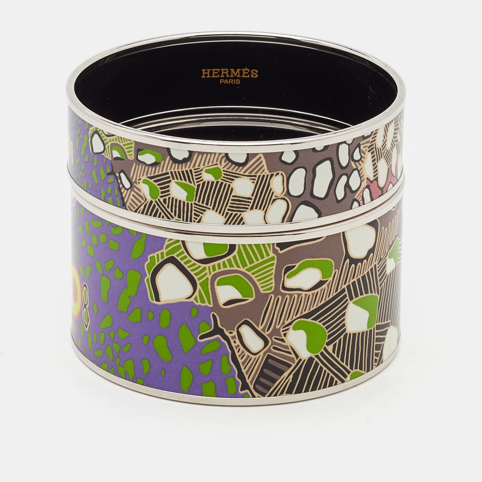 luxury-women-hermes-used-accessories-p1191858-001.jpg hermès printed enamel palladium plated set of 2 bangle bracelet