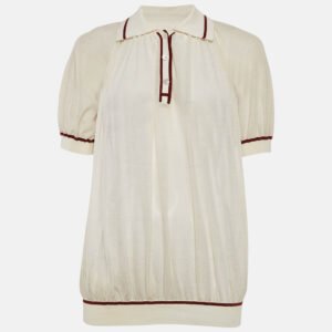 hermes white cotton knit sheer polo top s