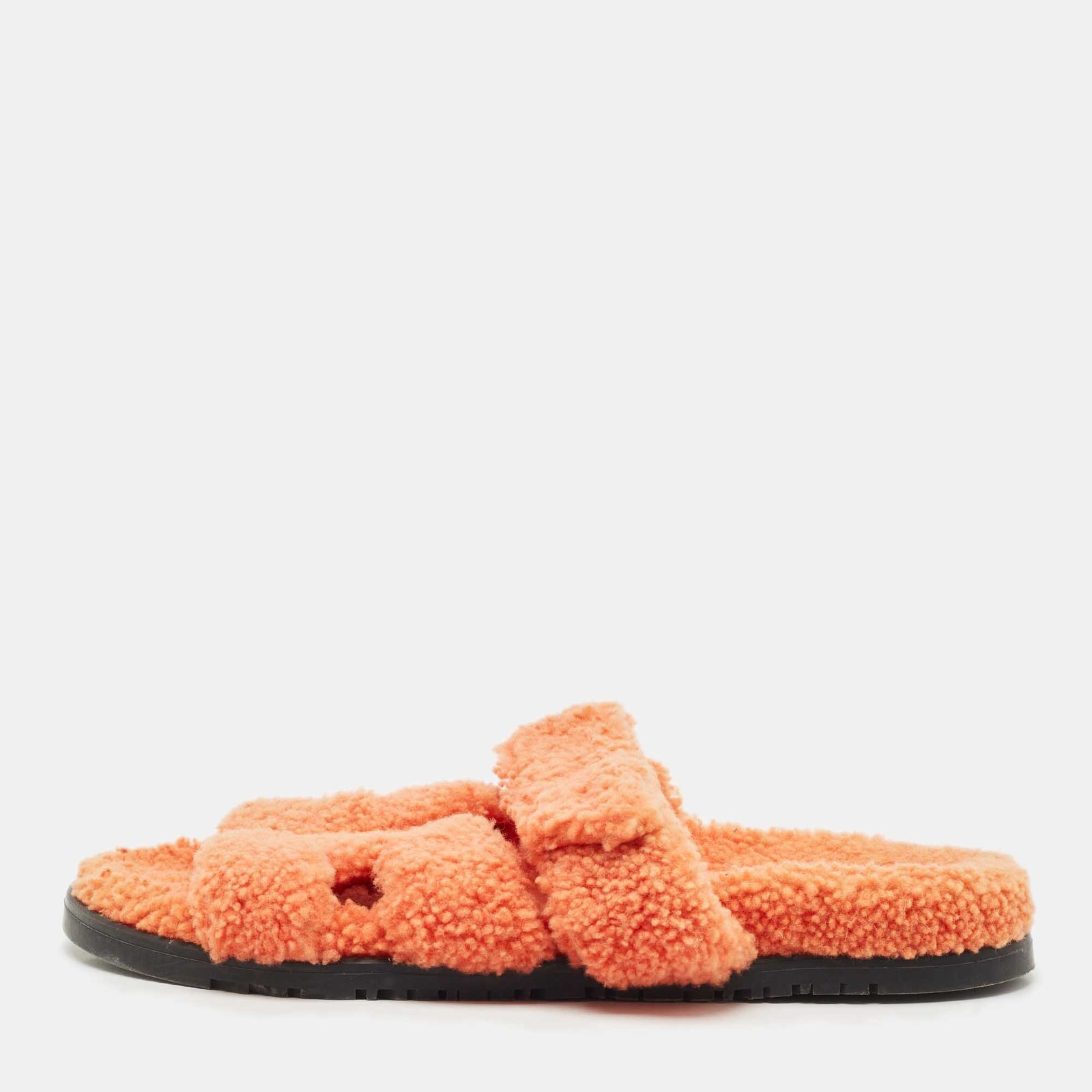 hermes orange shearling fur chypre flat sandals size 39