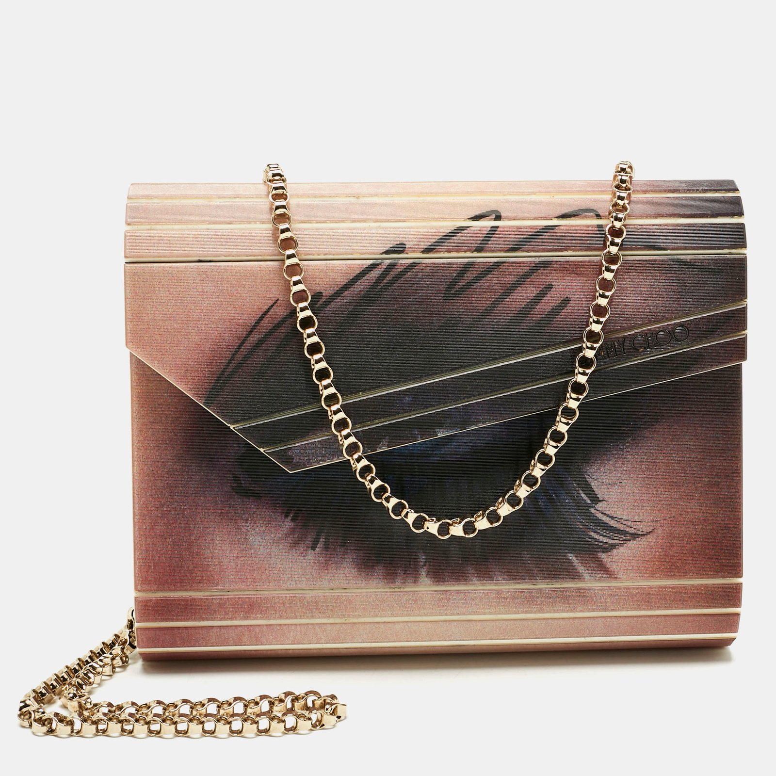 jimmy choo multicolor holographic eye acrylic candy chain clutch