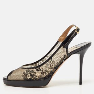jimmy choo black lace and patent leather nova slingback pumps size 37