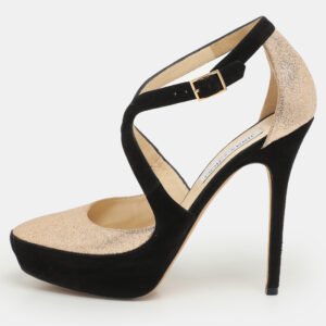 jimmy choo black suede and gold glitter fabric round toe ankle strap platform pumps size 38.5