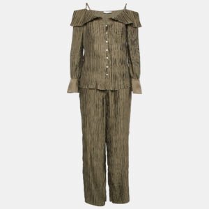 jonathan simkhai green plisse mariah cold-shoulder blouse and pants m