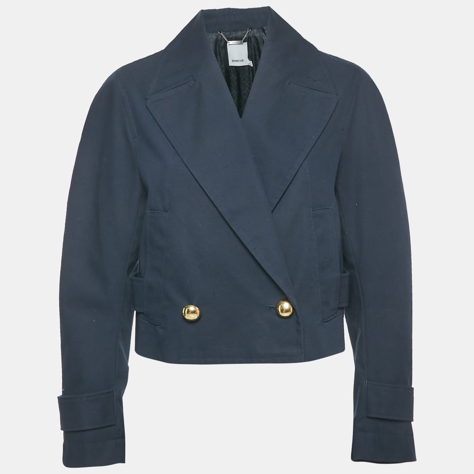 jonathan simkhai navy blue cotton double breasted olina cropped jacket s