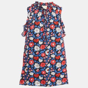 kate spade blue floral print silk ruffled top s