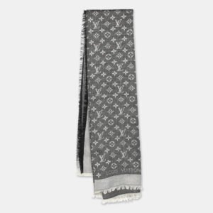 louis vuitton grey/black monogram wool/silk shine shawl