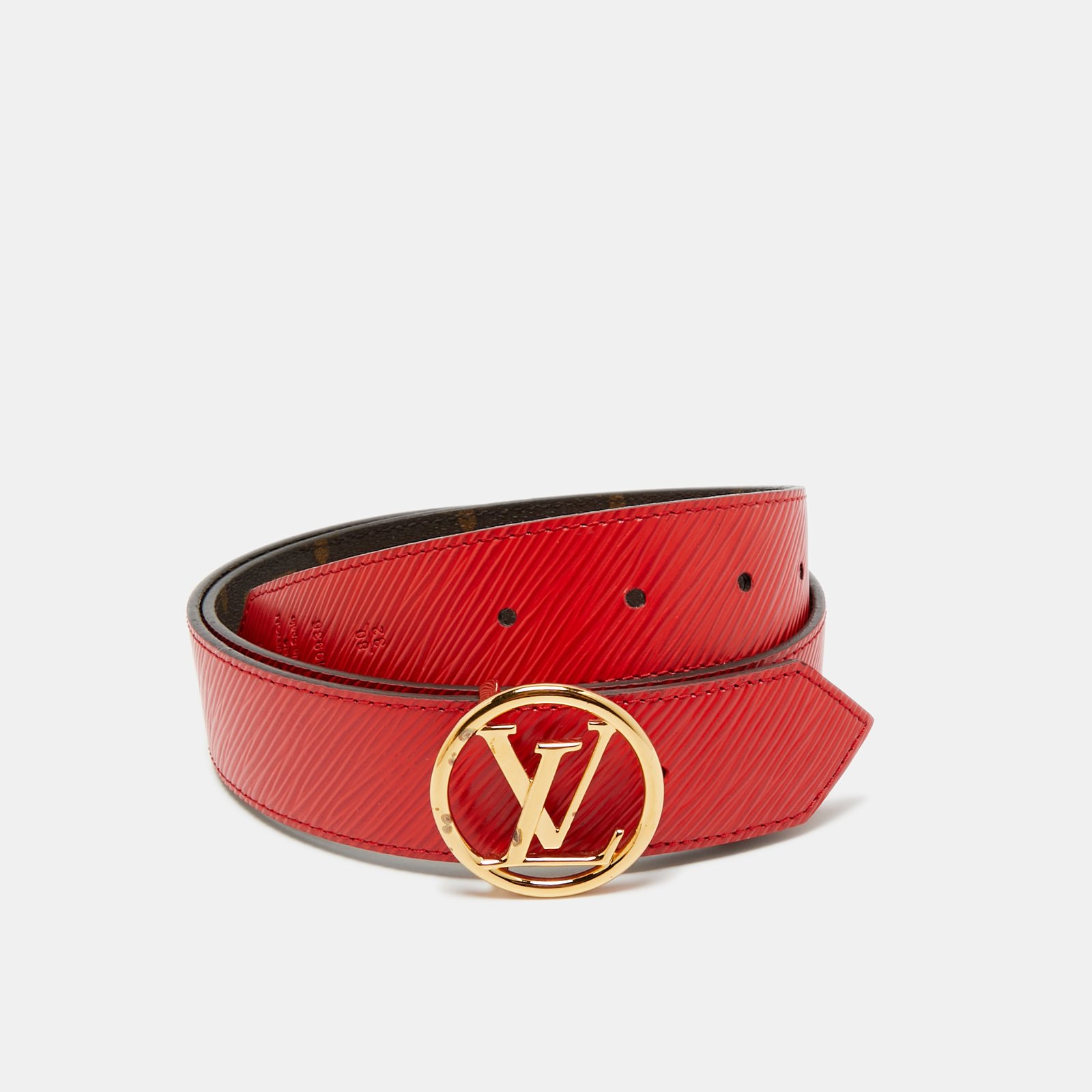 louis vuitton red epi leather and monogram canvas lv circle reversible belt 80 cm