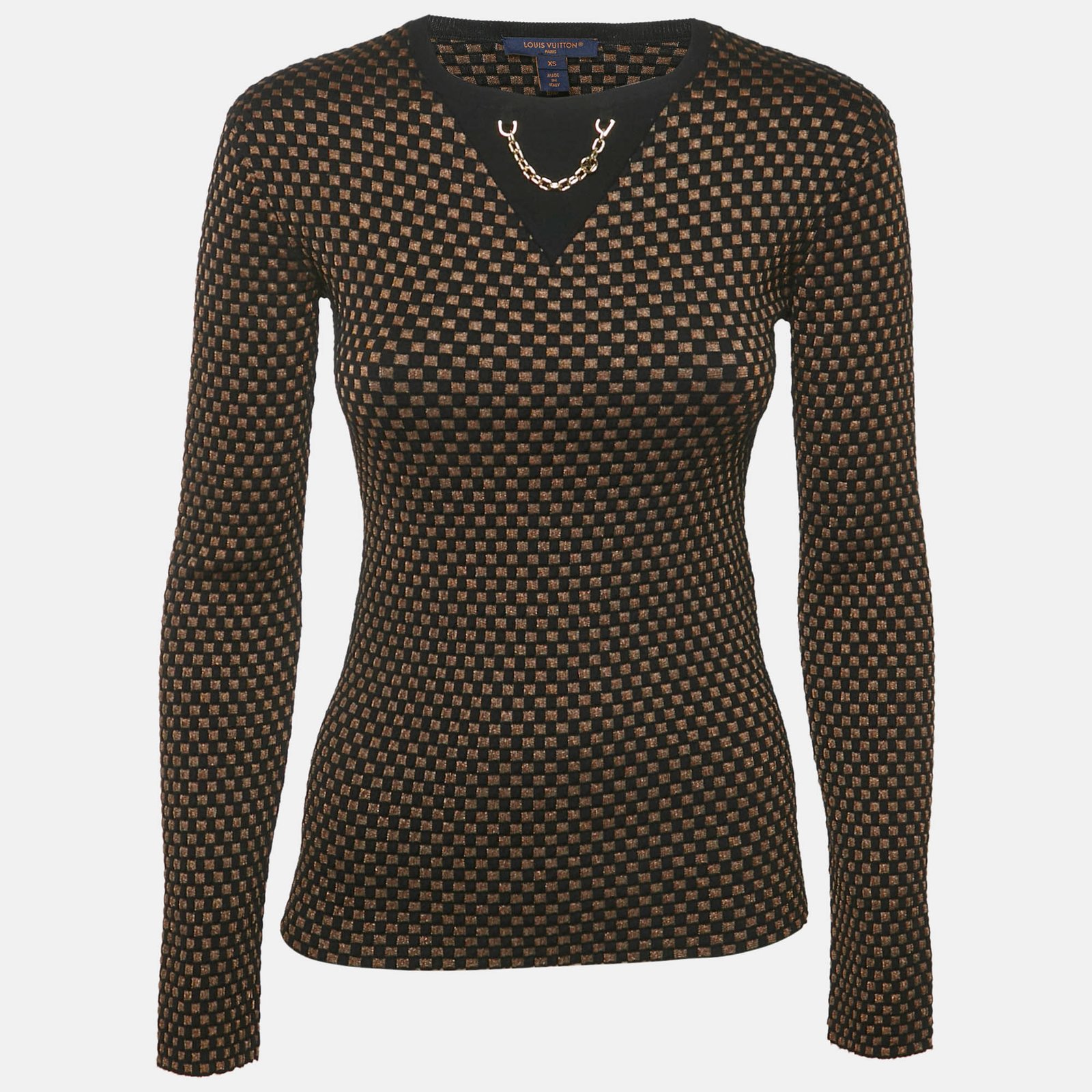 louis vuitton brown checks lurex knit crewneck pullover xs