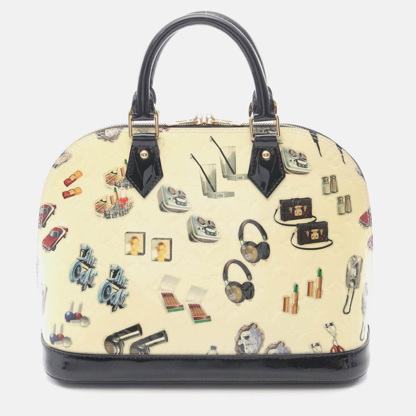 louis vuitton alma pm sticker animation handbag  vernis leather white