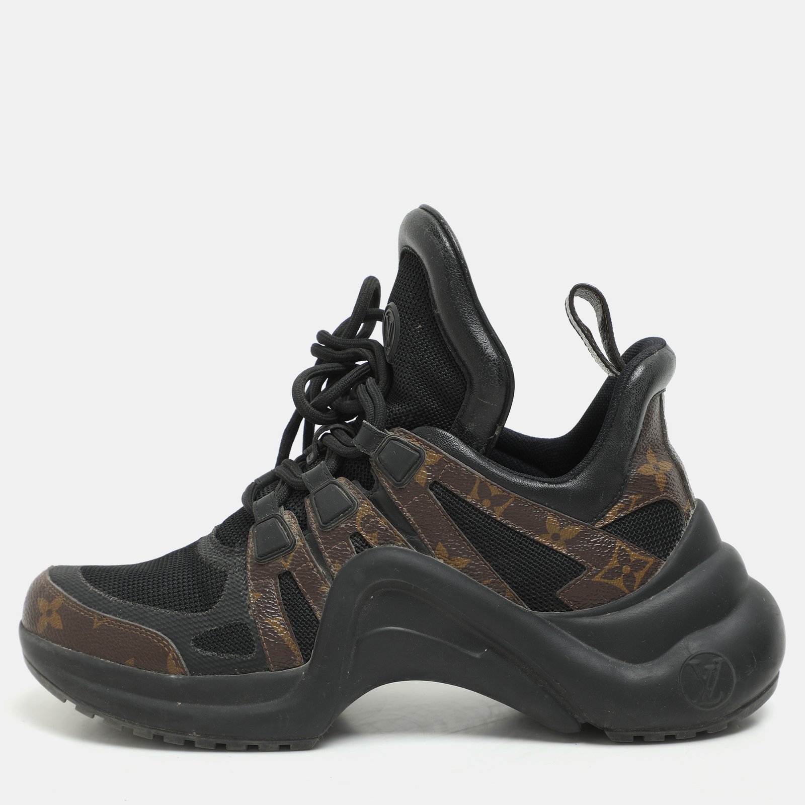 louis vuitton black/brown satin, mesh, leather and monogram canvas archlight low-top sneakers size 38