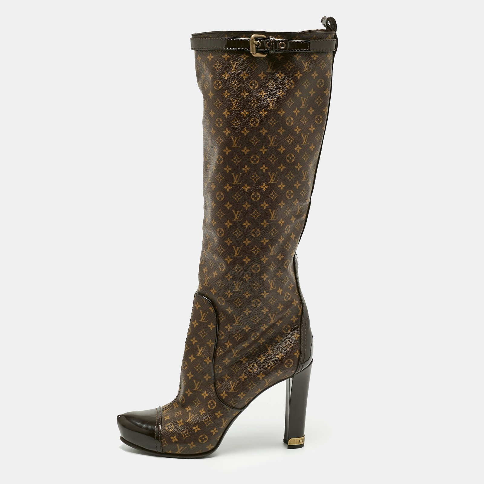 louis vuitton brown monogram canvas and patent idole knee length boots size 37.5