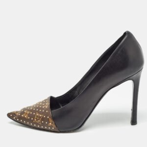 louis vuitton brown/black studded monogram canvas and leather pointed toe pumps size 39