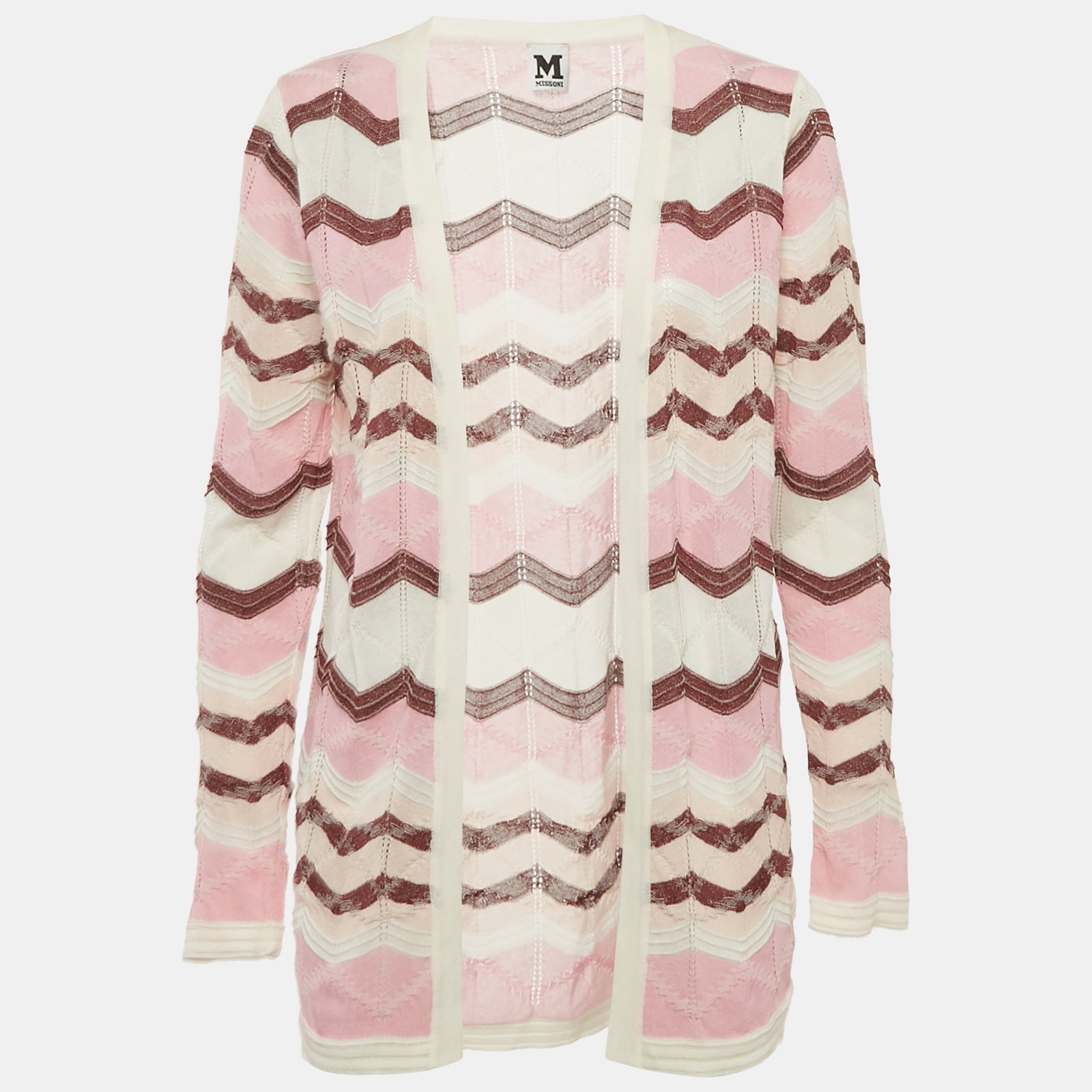 m missoni pink/multicolor chevron pattern knit open front cardigan s