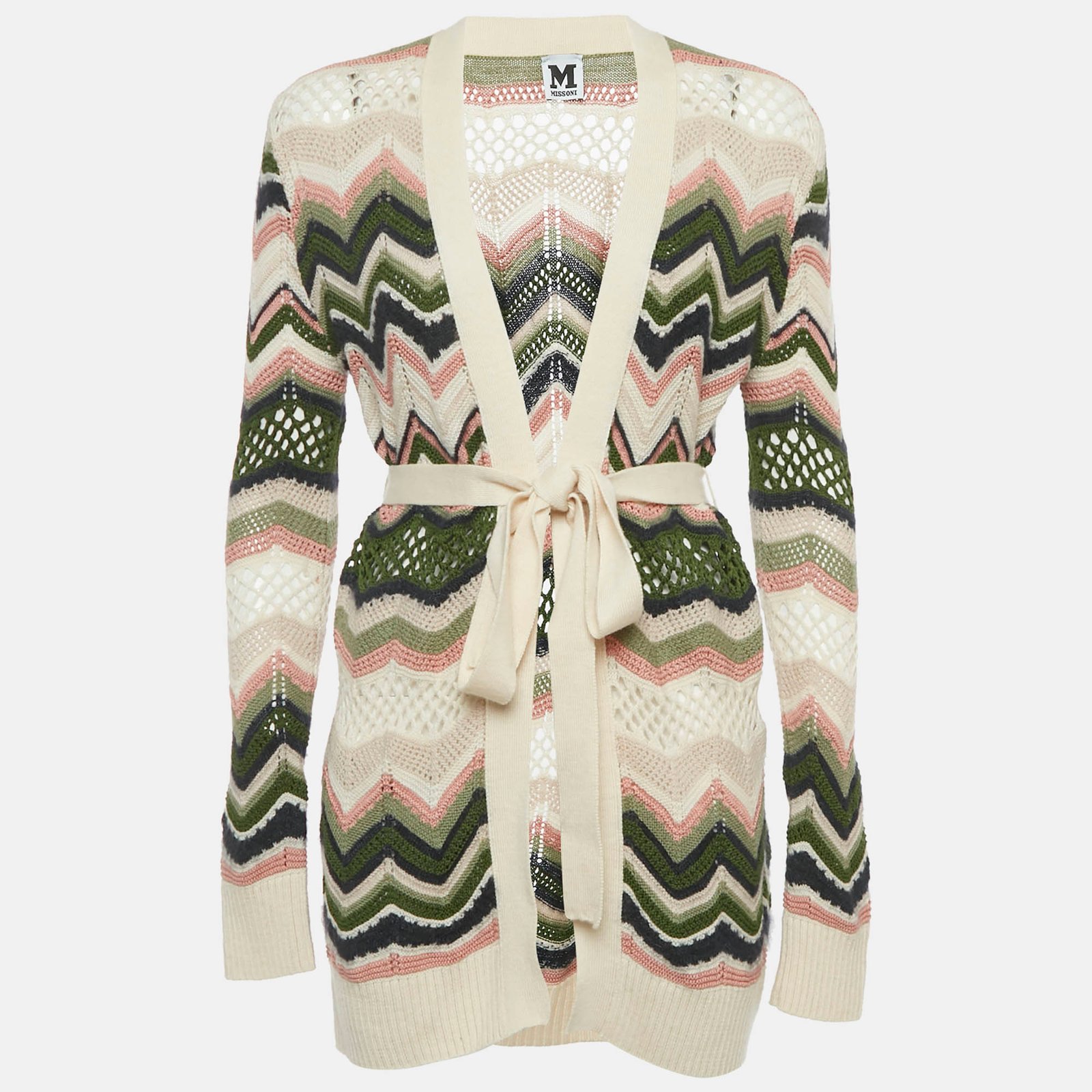 m missoni multicolor patterned knit open front belted cardigan s