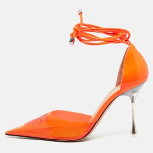 mach & mach neon orange leather and pvc crystal embellished heart ankle tie pumps size 38